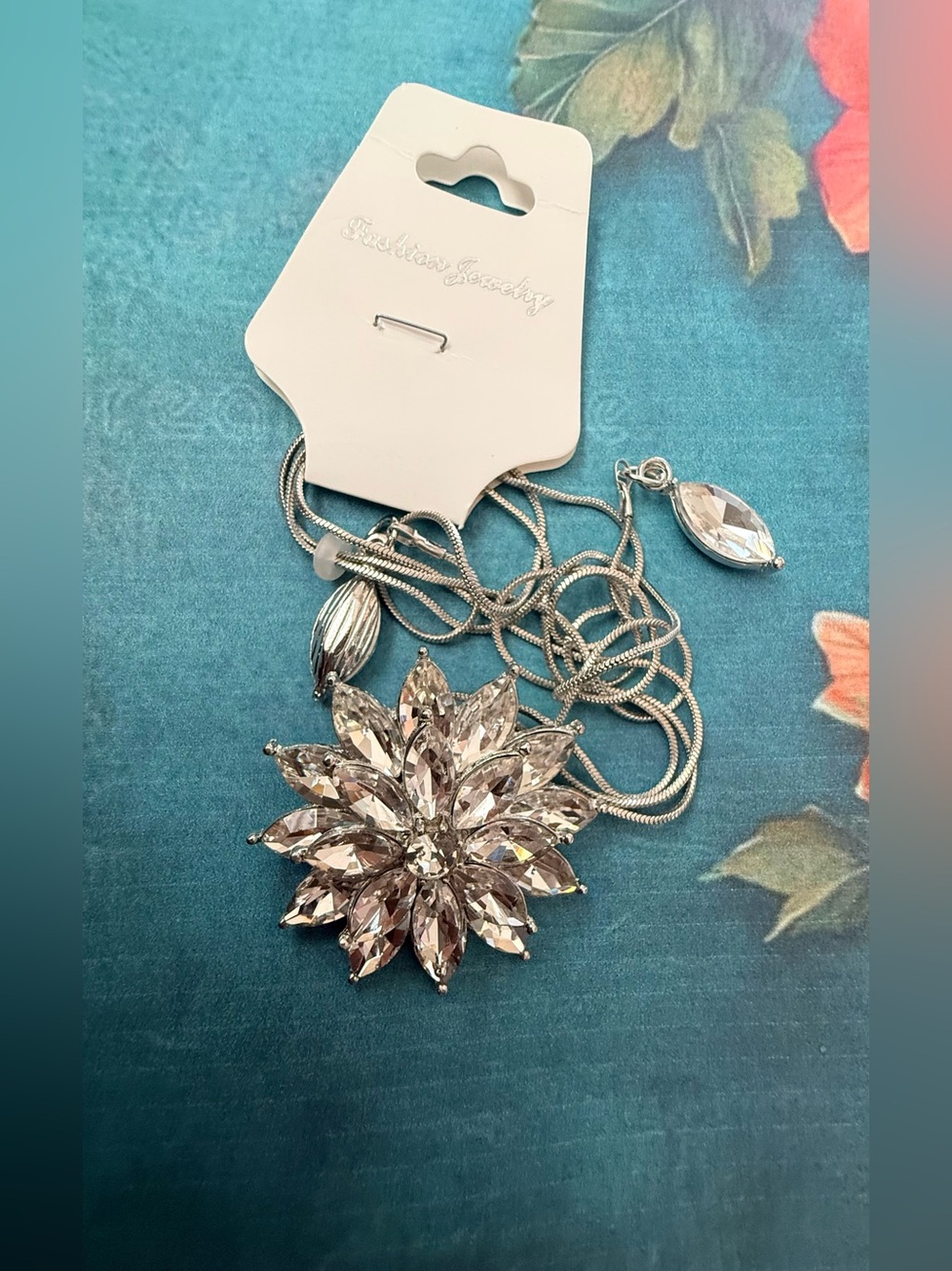 Fashion Jewelry Silver Floral Crystal Burst Pendant Necklace - Clear